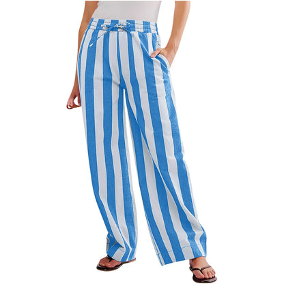 Women Casual Baggy Trousers, Striped Color Blocking, High Waist, Wide Leg, Pockets