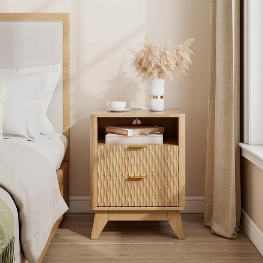 18" Side stand with Charging Station, Storage Drawers-Natural Oak