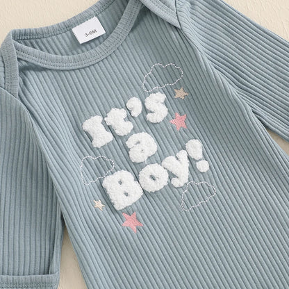 Baby Boys/Girls 3PCS Outfit, Long Sleeve Crew Neck, Letter Embroidery Romper, Solid Color Pants & Hat
