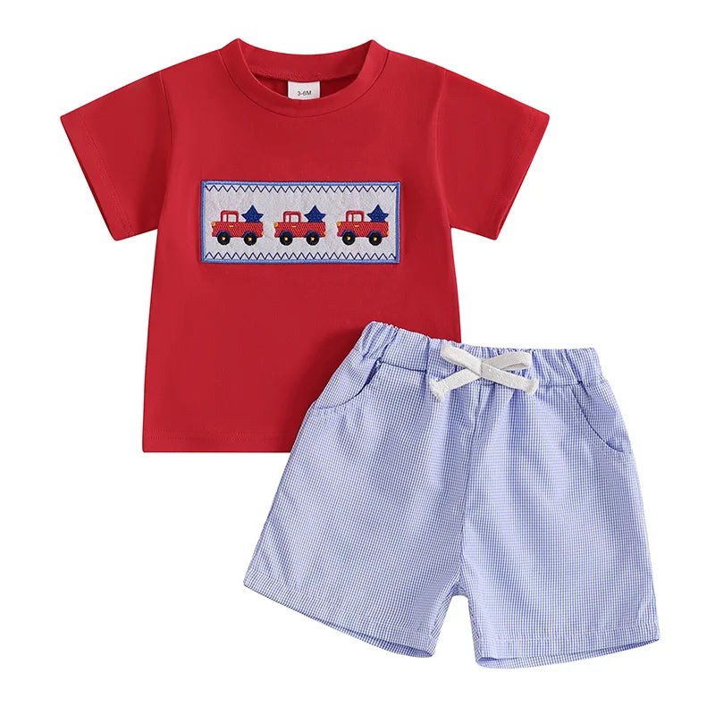 6MO-3T Baby Boy 4th of July Outfit, Short Sleeve Truck/Flag Embroidery T Shirt + Shorts