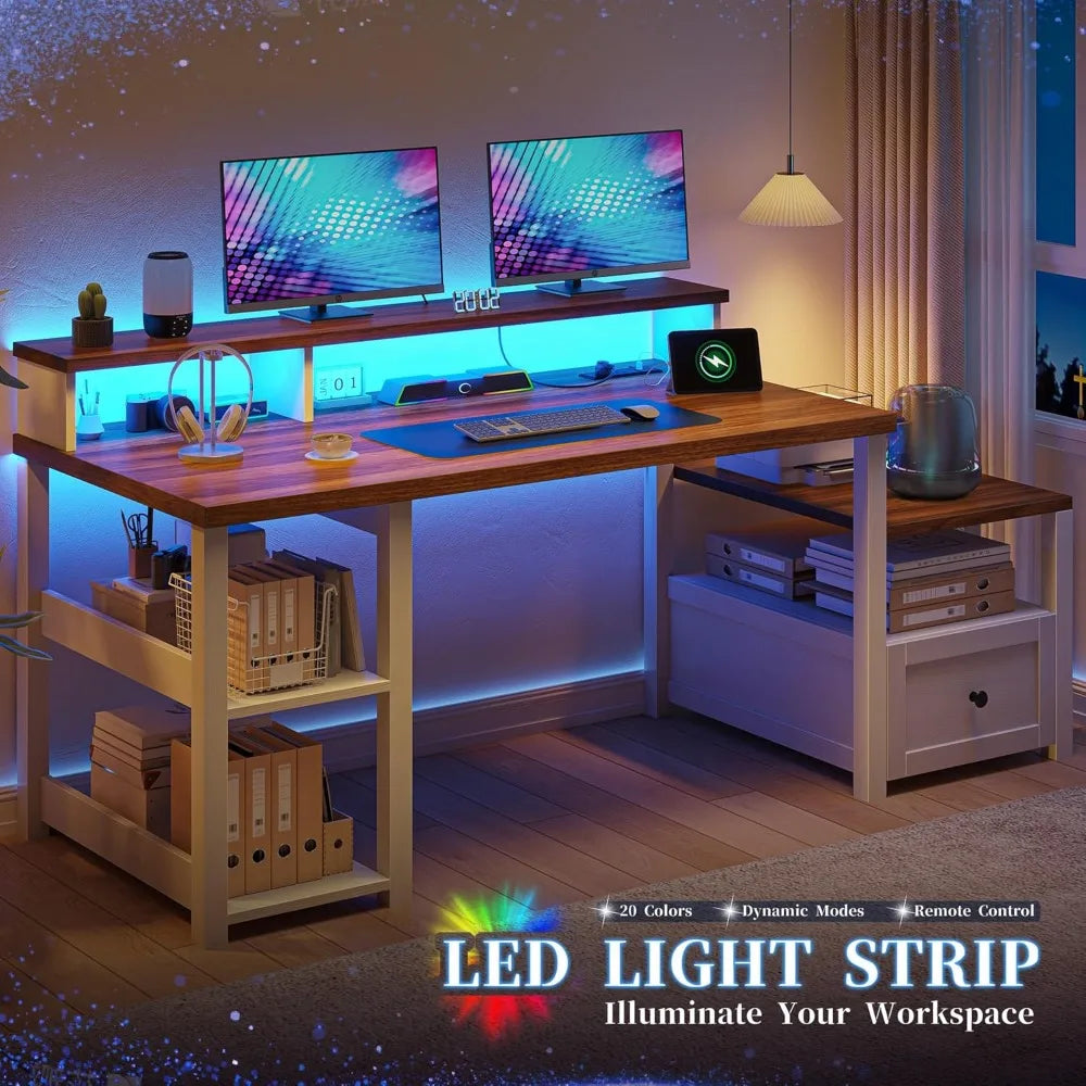 63" Farmhouse Style Computer Desk with Drawers and LED Lights, Storage Shelves and Power Outlets