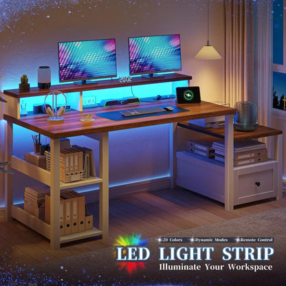 63" Farmhouse Style Computer Desk with Drawers and LED Lights, Storage Shelves and Power Outlets