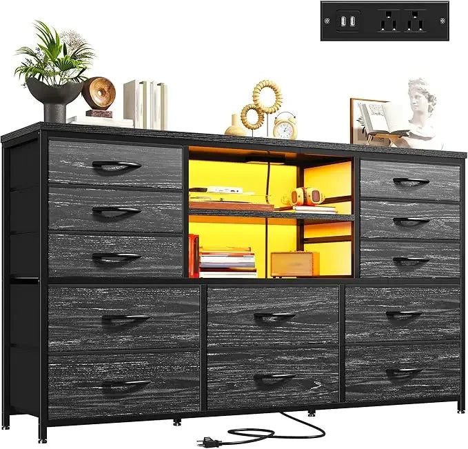 12 Drawers Dresser with LED Lights & Power Outlets, Stand for 60''TV