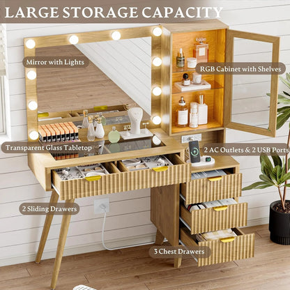 Fluted 45" Glass Top Makeup Table with 5 Drawers, Power Outlet & Storage Cabinet,