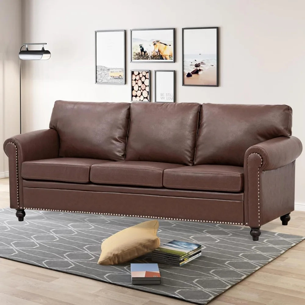 Brown Leather Couch/Sofa with Detachable Cushions 84" and Matching Chair (sold separately)