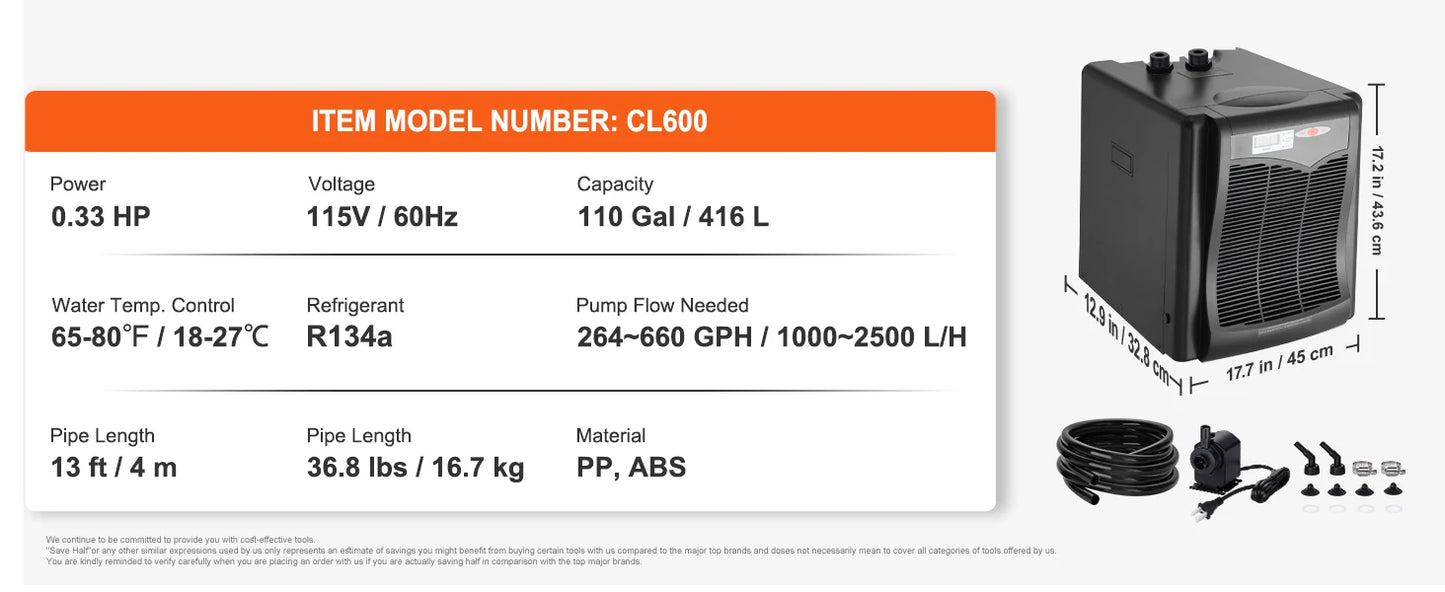 VEVOR Aquarium Chiller 0.25/0.33/0.1/1.5HP Hydroponic Water Chiller Quiet Refrigeration Compressor for Fresh Water Fish Tank