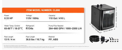 VEVOR Aquarium Chiller 0.25/0.33/0.1/1.5HP Hydroponic Water Chiller Quiet Refrigeration Compressor for Fresh Water Fish Tank