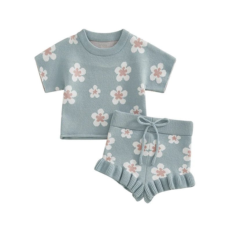 Infant/Toddler Baby Girl Clothes Set, Short Sleeve Floral Print Knit Tops+Shorts