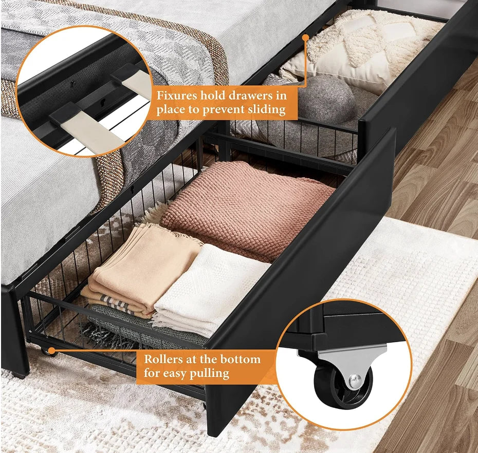 Faux Leather Queen Size Upholstered Bed Frame with 4 Drawers and Adjustable Headboard