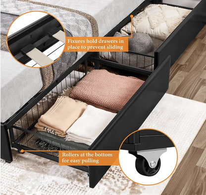 Faux Leather Queen Size Upholstered Bed Frame with 4 Drawers and Adjustable Headboard
