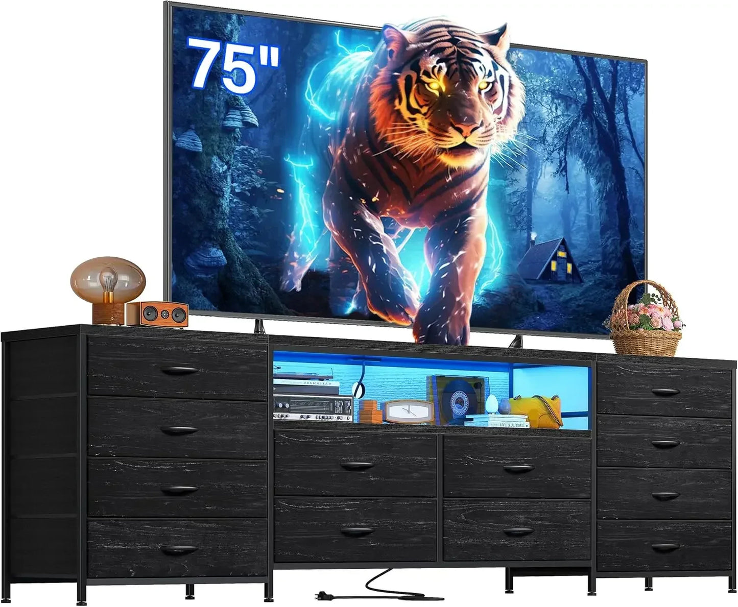 63" W Dresser/TV Stand LED Lights & Power Outlets & 12 Drawers Dresser