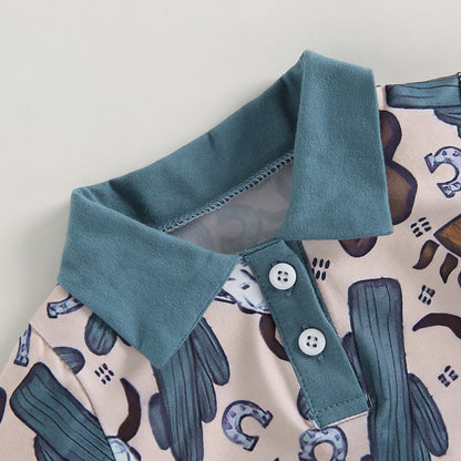 0-18 mo Infant Baby Boys Jumpsuit, Casual Head Print, Short Sleeve Romper