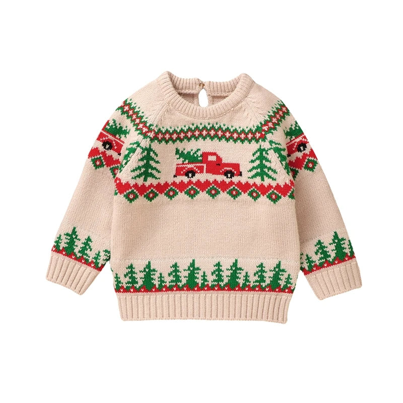 9 MO-3T Boy Christmas Sweater, Round Neck, Truck Print Knit Pullover
