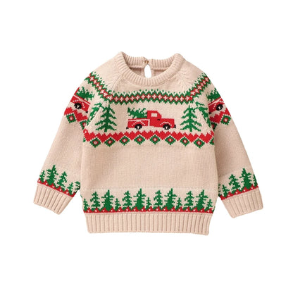 9 MO-3T Boy Christmas Sweater, Round Neck, Truck Print Knit Pullover