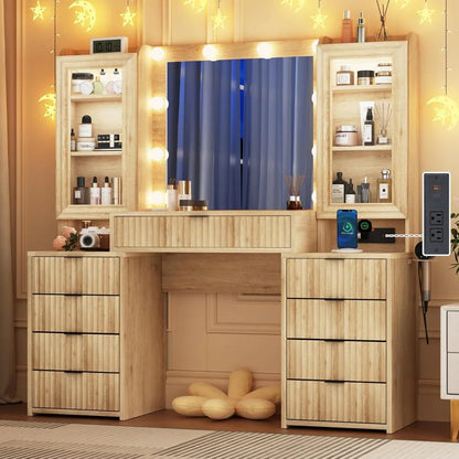 55" Vanity with Large Mirror and Lights, Modern Glass Top with 9 Drawers & Open Storage