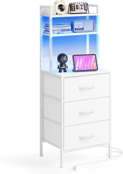 LED side table with U-S-B ports and sockets for charging piles, 3 drawers