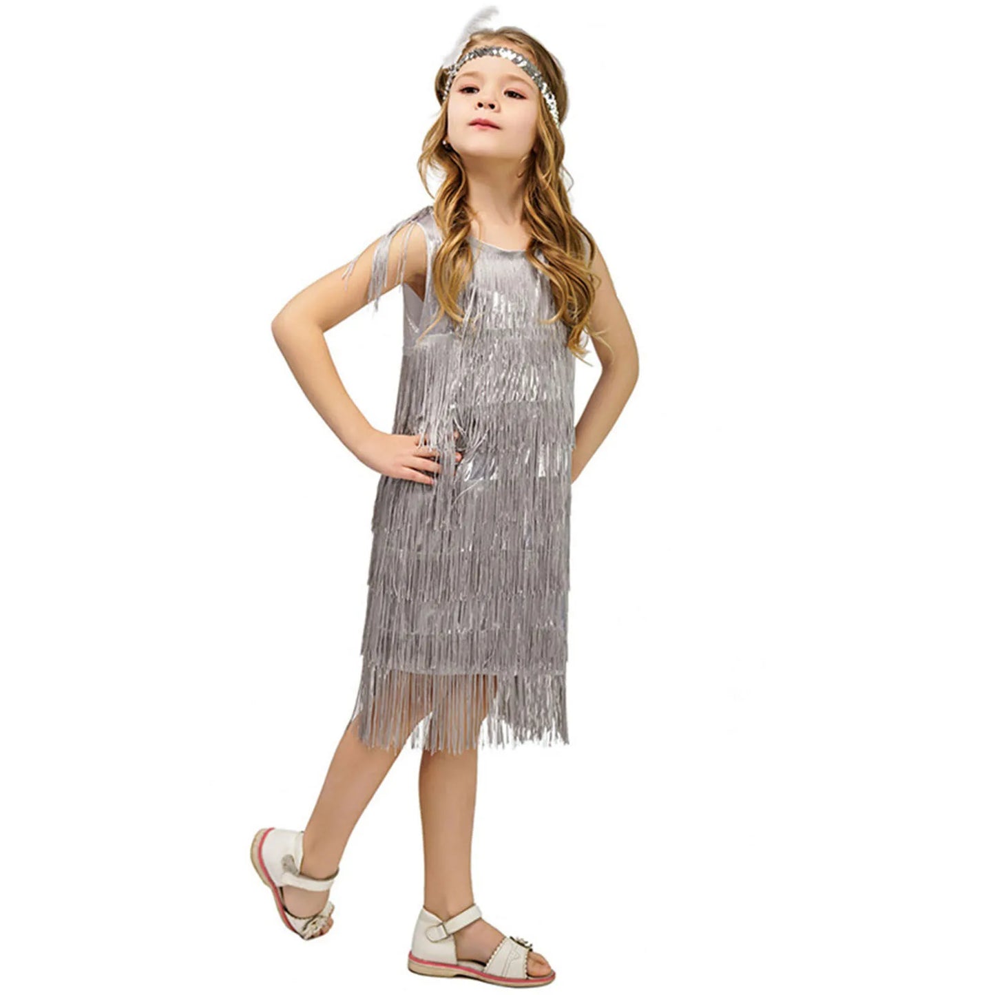 Girls Flapper Dress, Carnival, Sequins, Fringe, With Feather