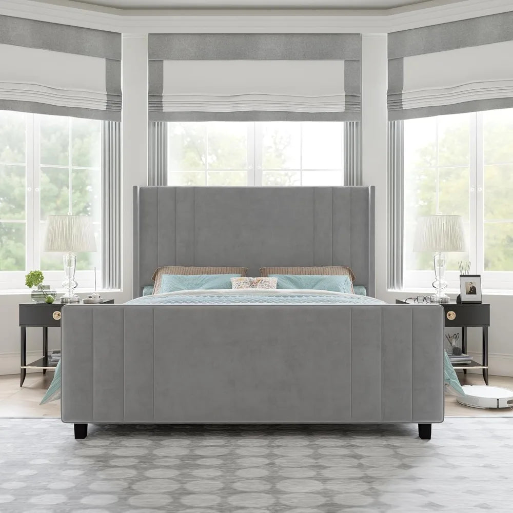 Velvet Upholstered Platform Bed with Vertical Channel Tufted Headboard & Footboard/Wingback, Mattress Foundation with Wood Slat