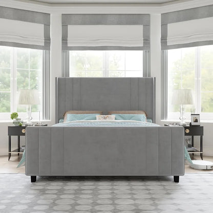 Velvet Upholstered Platform Bed with Vertical Channel Tufted Headboard & Footboard/Wingback, Mattress Foundation with Wood Slat