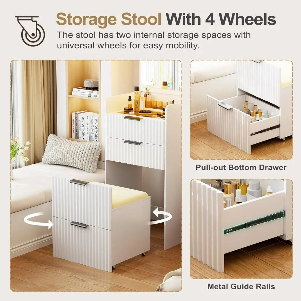 3 in 1 Small Vanity Set w/ Glass Desktop, 3 Drawers & Storage