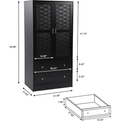 Armoire Wardrobe Closet with 2 Woven Doors, Wardrobe Cabinet with 2 Storage Drawers