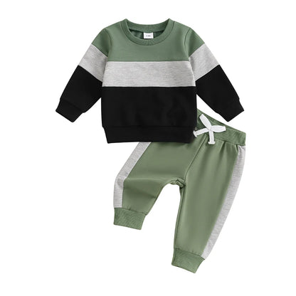 3-24 MO & 3T Boy Pants Set, Long Sleeve, Round Neck Sweatshirt. Drawstring Long Pants Contrast Color Outfits