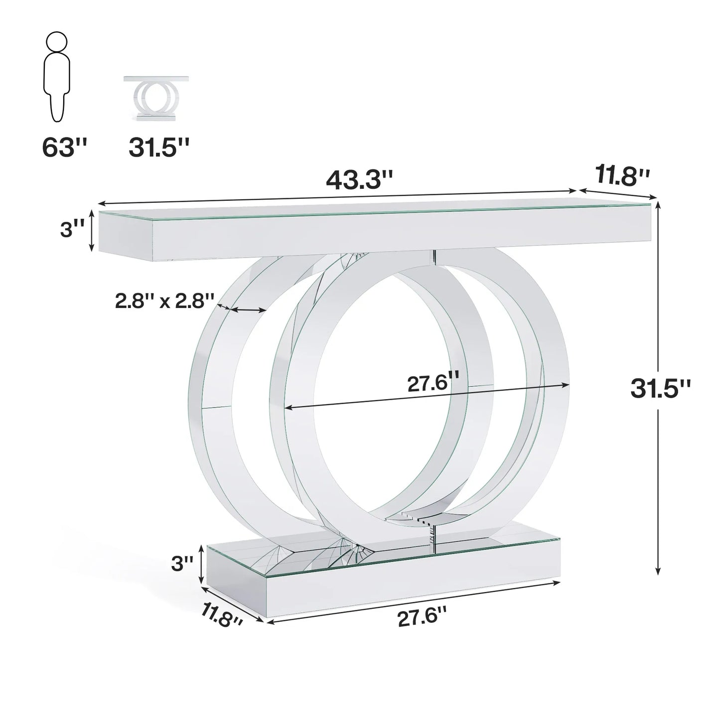 43.3-Inch Mirrored Console Entryway Table with Mirror Finish Tabletop