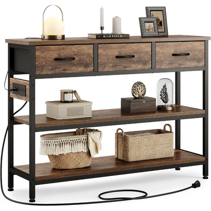 Entryway Table with Power Outlets and 3 Fabric Drawers