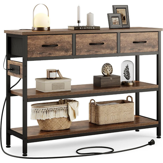 Entryway Table with Power Outlets and 3 Fabric Drawers