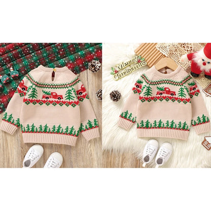 9 MO-3T Boy Christmas Sweater, Round Neck, Truck Print Knit Pullover