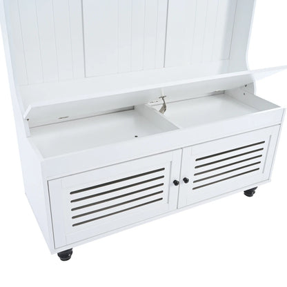 47.2'' Wide Hall Tree with Storage, 5-in-1 Entryway Bench with Shutter-shaped doors, Coat Rack, Cushion and 4 Sturdy Hooks