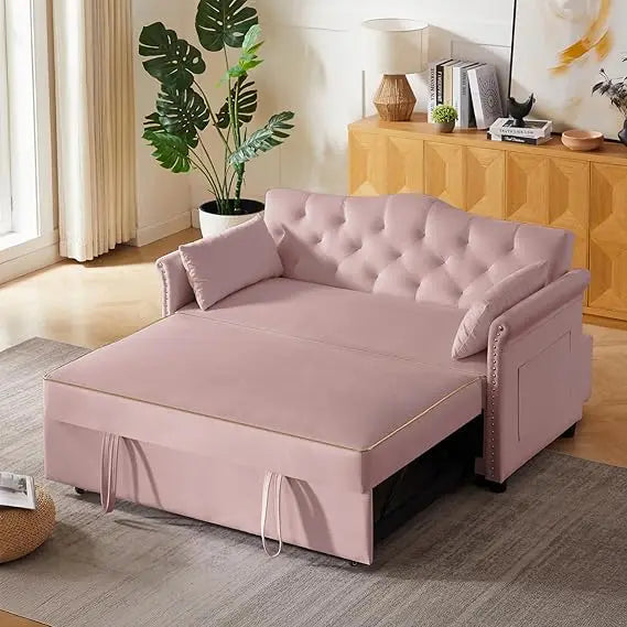 65'' 3-in-1 Queen Size Pullout Sofa, Modern Chenille Fabric, 360° Swivel Side Table