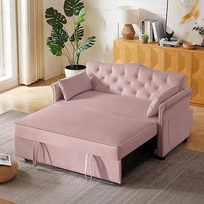 65'' 3-in-1 Queen Size Pullout Sofa, Modern Chenille Fabric, 360° Swivel Side Table