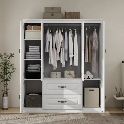4-Door White Armoire with Drawers and Hanging Rod
