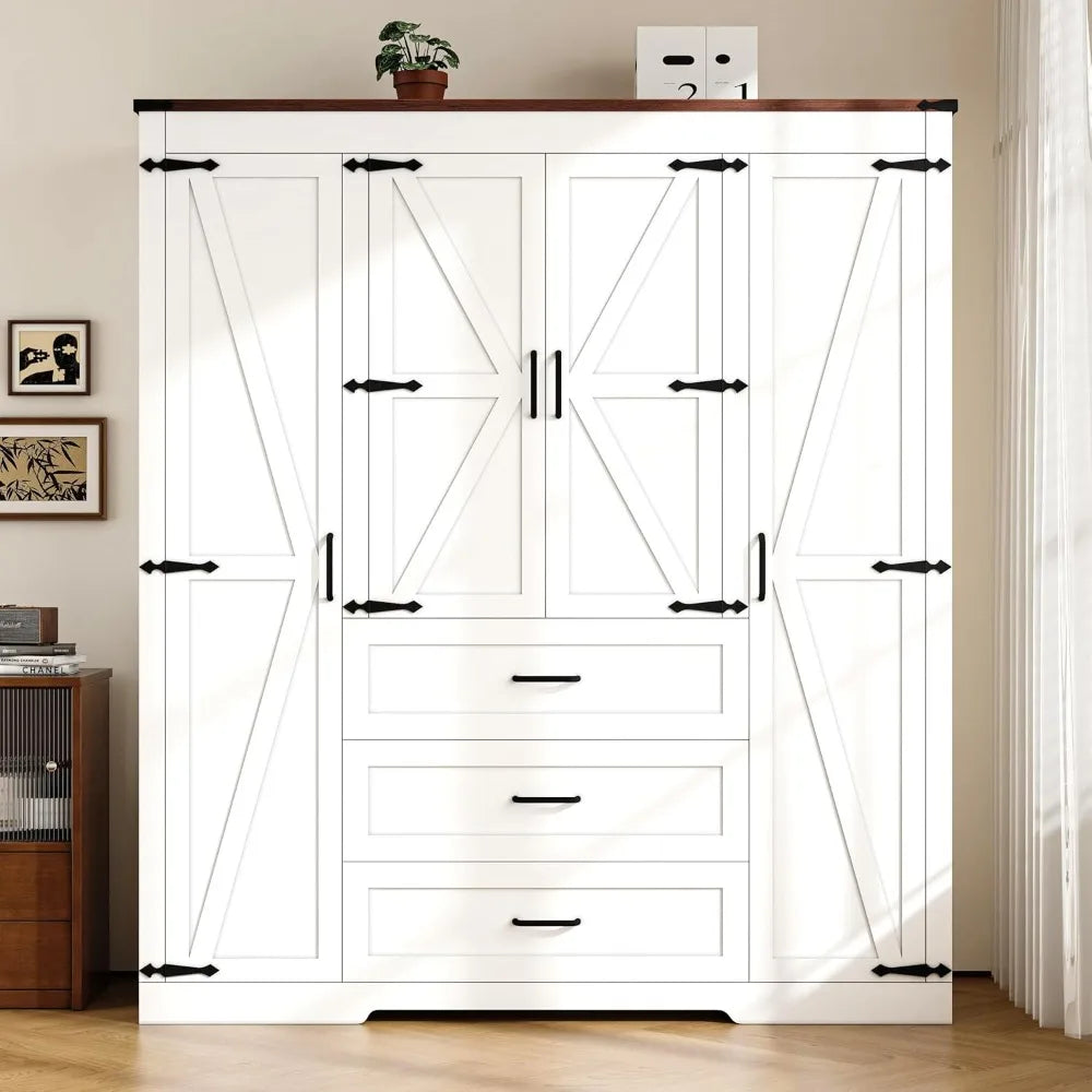 4 Door Armoire with 3 Drawers, Hanging Rod and Adjustable Shelves