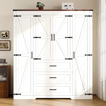 4 Door Armoire with 3 Drawers, Hanging Rod and Adjustable Shelves