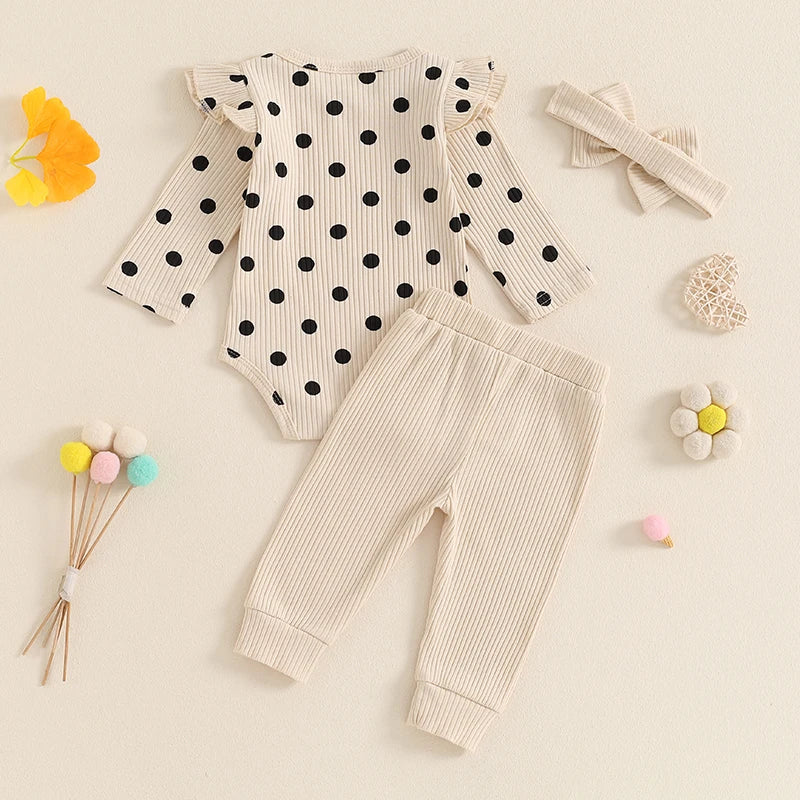 0-18M Baby Girls Fall Outfit, Long Sleeve Dots Print Romper with Pants and Bowknot Headband Clothing Set