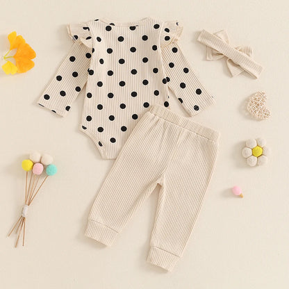 0-18M Baby Girls Fall Outfit, Long Sleeve Dots Print Romper with Pants and Bowknot Headband Clothing Set