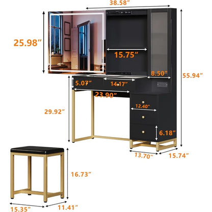 Vanity Desk with Sliding Mirror and LED Lights, Power Outlet & Vanity Stool f