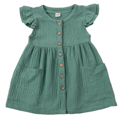 2020-03-31 Lioraitiin 0-6Years Toddler Kid Baby Girl Summer Dress Ruffles Sleeves Cotton Button Pocket Dress Sundress Clothes