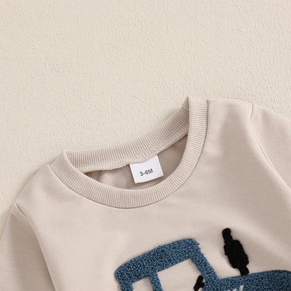 3-36 MO Boy Outfit, Tractor Embroidery Long Sleeve Sweatshirt with Solid Long Pants