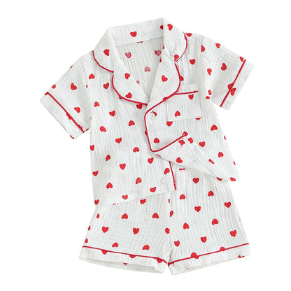 6MO-4T Girl Valentine‘s Day Heart Button Down Short Sleeve Sleepwear Loungewear Pjs Set