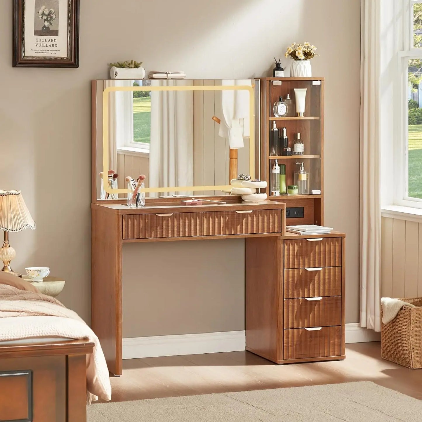 43.5'' Vanity Desk with Mirror and Lights, with 6 Drawers and Adjustable Shelves, Glass Top