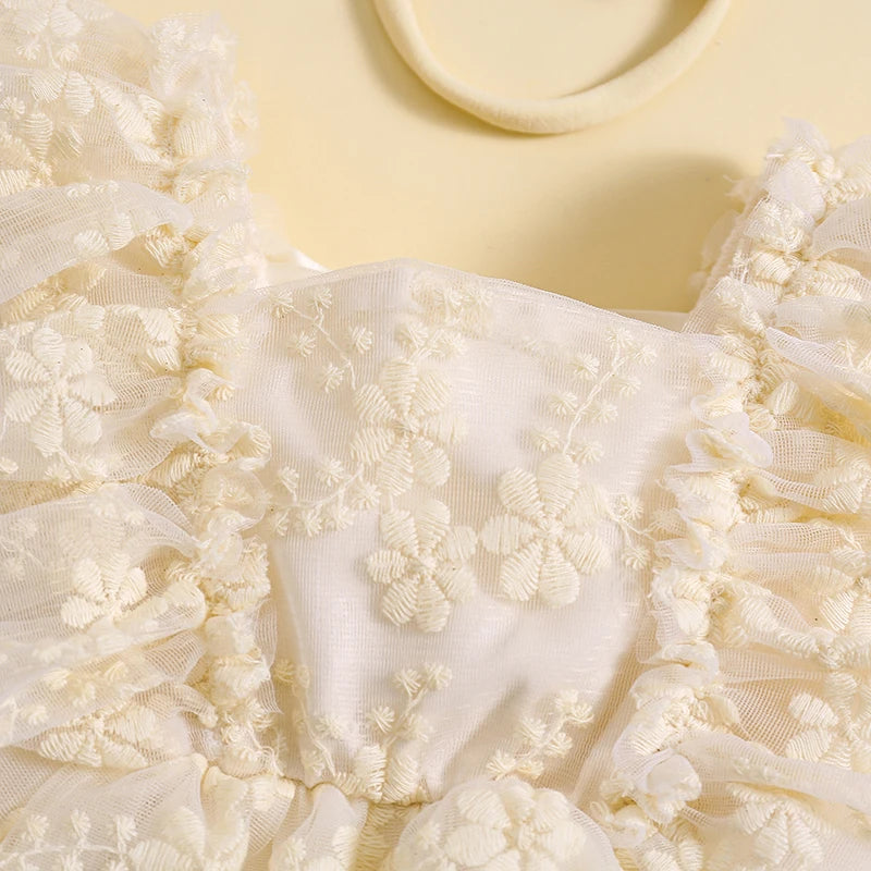 2Pcs  6-24M Baby Girl Summer Ruffle Sleeve Square Neck Lace Romper Dress with Headband Set