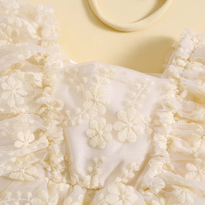 2Pcs  6-24M Baby Girl Summer Ruffle Sleeve Square Neck Lace Romper Dress with Headband Set