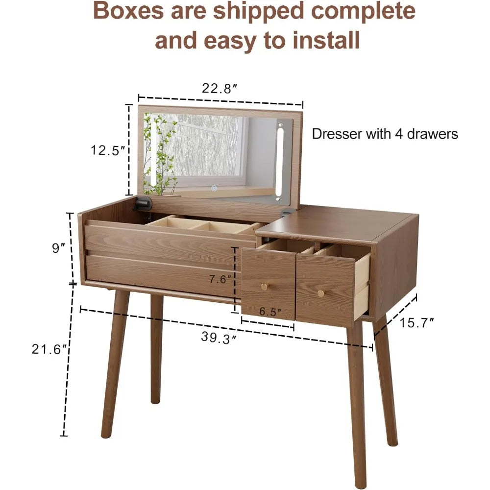 Wood Vanity/Desk with Mirror and Lights, Set 4 Drawers