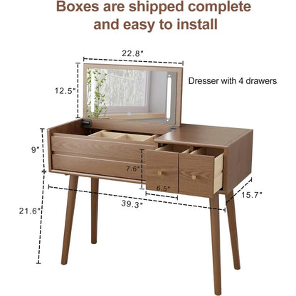 Wood Vanity/Desk with Mirror and Lights, Set 4 Drawers