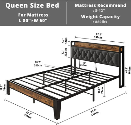 Twin/TwinXL/Full/Queen/King/CaliforniaKing Bed Frames, Storage Headboard with Outlets, No Noise, No Box Springs Needed