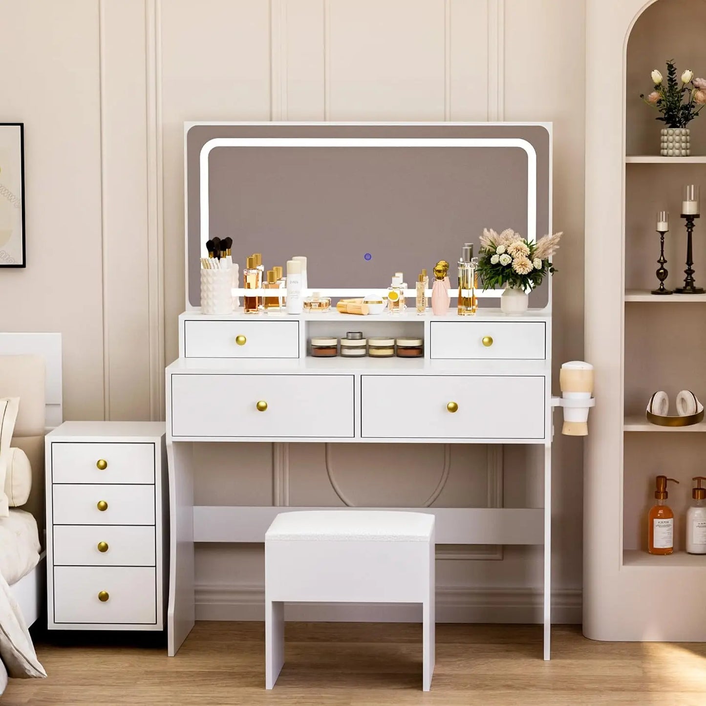 3-Piece Vanity/Desk with Upgraded Silent Slides, Movable Storage Cabinet, Golden Handles, 8 Drawers