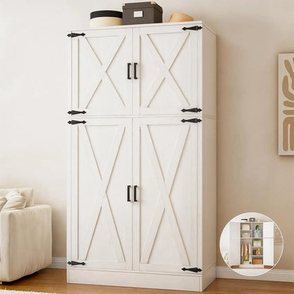 71'' Farmhouse Wardrobe Closet with Hanging Rod, 4 Barn Door Storage Adjustable Shelves